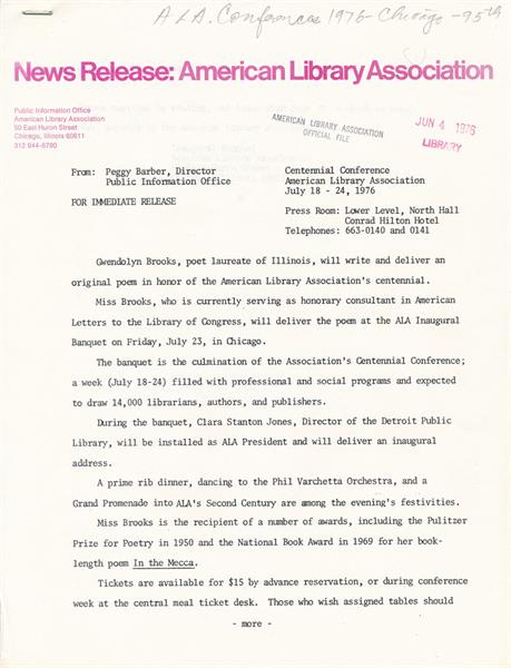 Press Release from ALA Centennial abt. Gwendolyn Brooks Poem